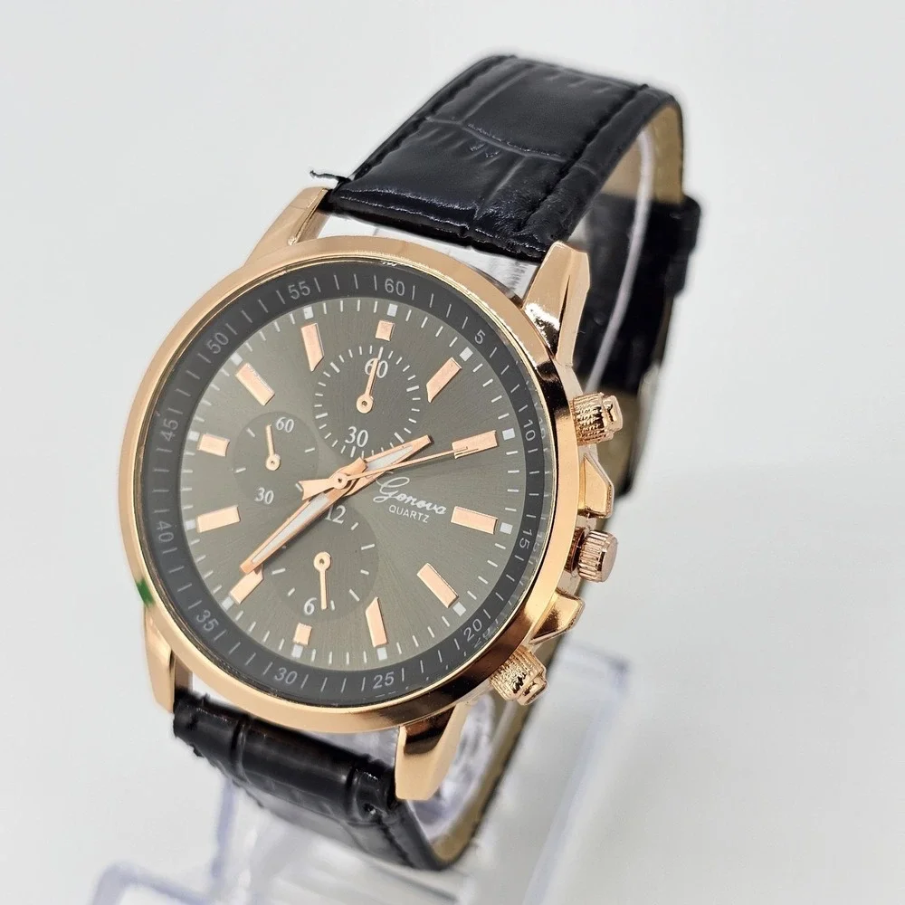 Men's Watch Analog 40MM Black Dial Black Faux Leather Bands New Battery